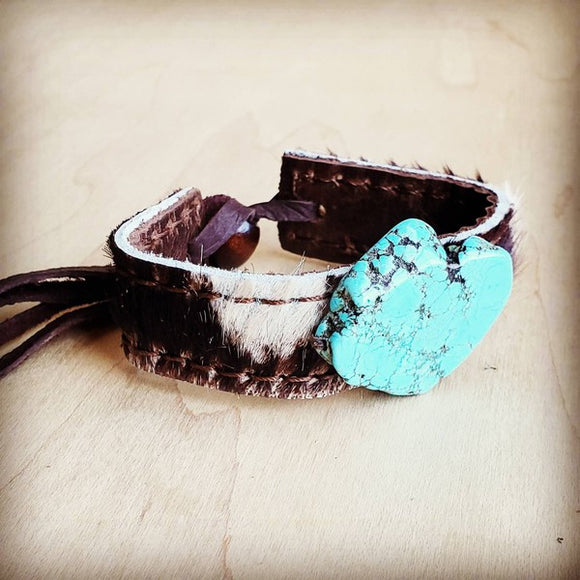 Narrow Leather Cuff w/ Turquoise Slab-Brindle Hide-TERRA COTTA BOUTIQUE