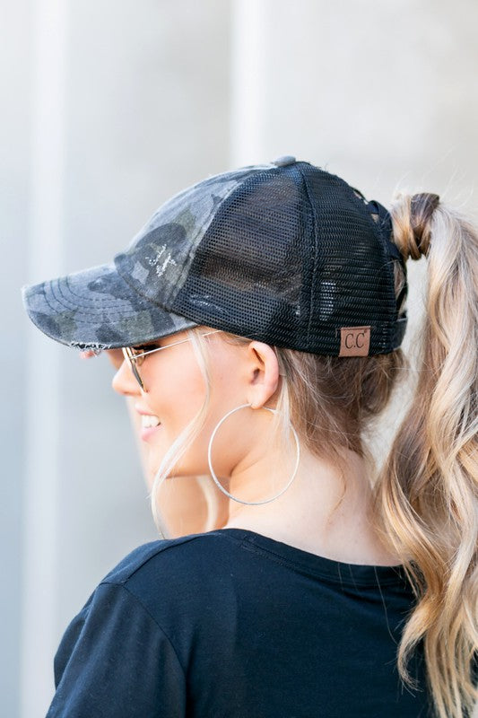 CC Camo Criss-Cross Ponytail Caps-TERRA COTTA BOUTIQUE