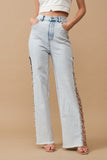 Cut Out At Side w/ Jewel Trim Stretch Denim Jeans-TERRA COTTA BOUTIQUE