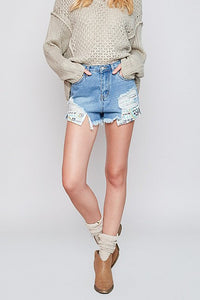 Shorts With Multi Colored Sequin Pockets . Distressed Denim in Juniors sizes.-Shorts-TERRA COTTA BOUTIQUE
