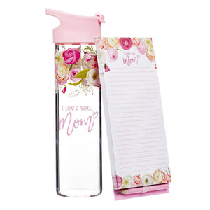 Mother's Day Gift Set. Water Bottle and note pad. I Love you Mom with floral pattern.-Gifts-TERRA COTTA BOUTIQUE