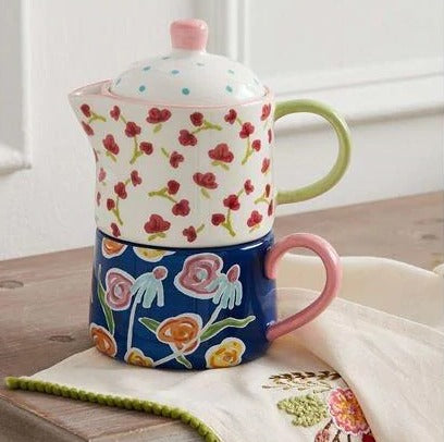 Floral Tea for One Set - Mud Pie-Coffee & Tea Sets-TERRA COTTA BOUTIQUE