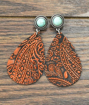 Leaf leather Earrings, Turquoise-Earrings-TERRA COTTA BOUTIQUE